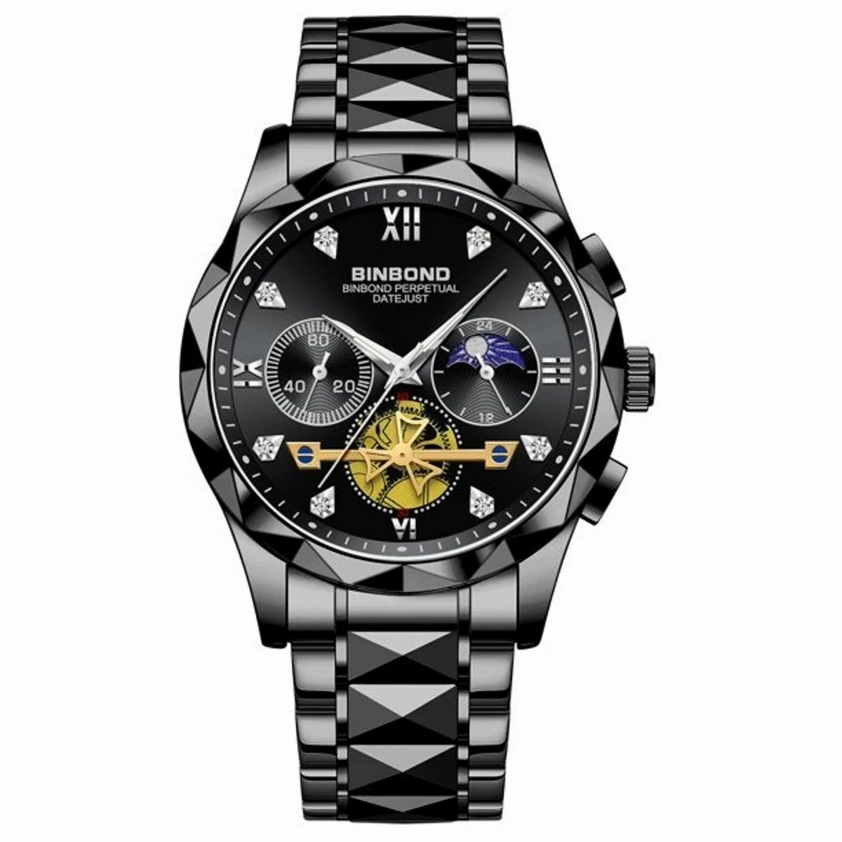2024 New Luxury Binbond Brand Men's Luminous Watches Stainless Steel Waterproof Chronograph watch - Toton Ar White Dial Watch Black
